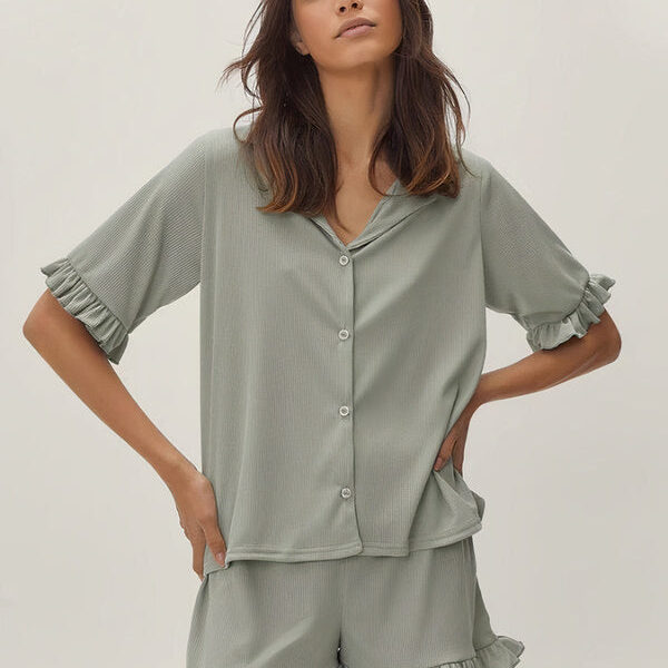 Pyjama Côtelé Chemise & Short À Détails Volantés