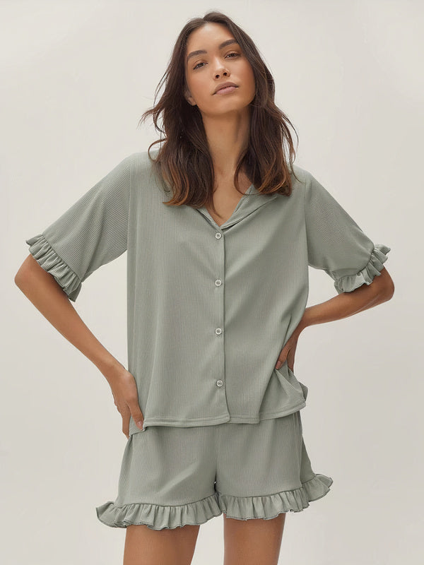 Pyjama Côtelé Chemise & Short À Détails Volantés