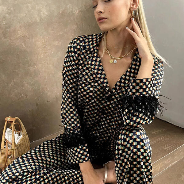 Ensemble de Pyjama à Imprimé Pois Noir Satiné