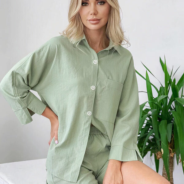 Pyjama Femme en Viscose Vert Sauge Mix & Match à Coutures Contrastantes