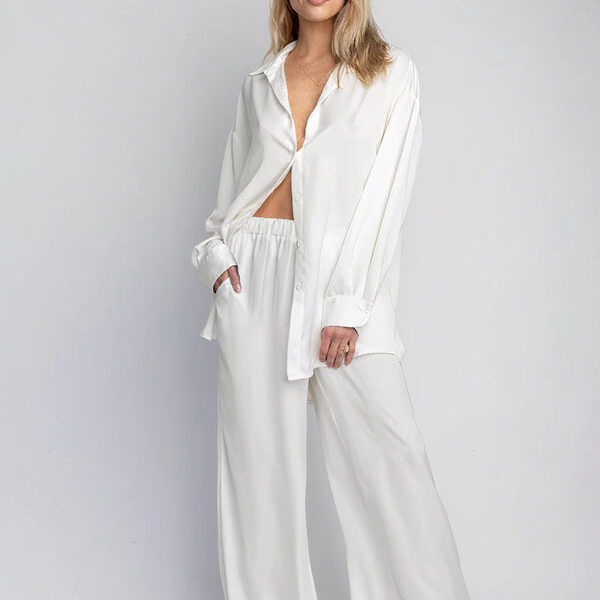 Pyjama Chemise et Pantalon en Satin Côtelé "Blanc"