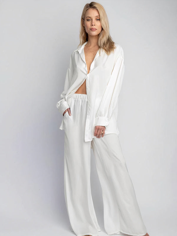 Pyjama Chemise et Pantalon en Satin Côtelé "Blanc"