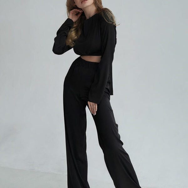 Pyjama Côtelé Crop Top à Manches Longues & Pantalon Large "Noir"
