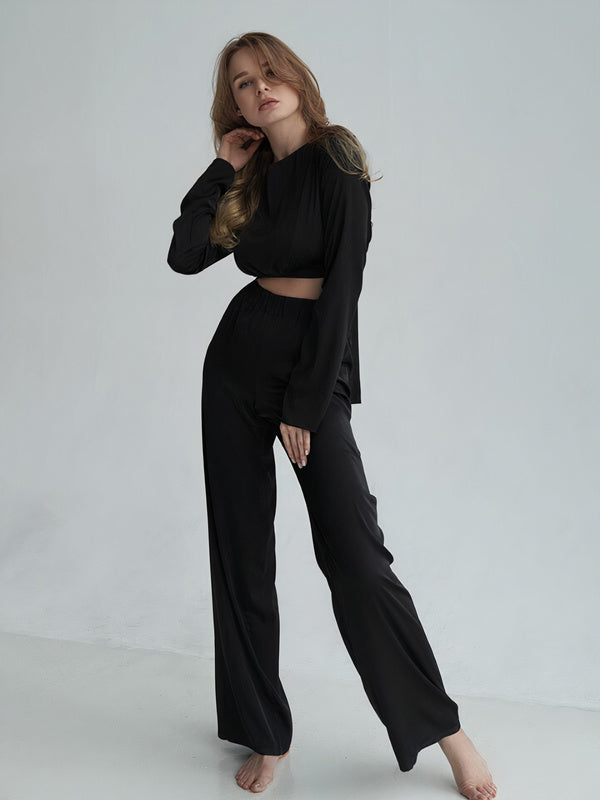 Pyjama Côtelé Crop Top à Manches Longues & Pantalon Large "Noir"