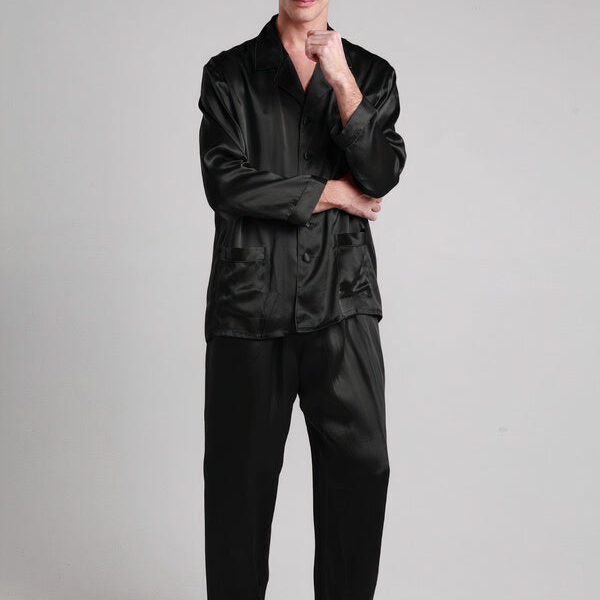 Pyjama en Soie pour Homme Longue Bordure Contraste "Noir"