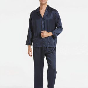 Suite De Pyjama Longue En Soie Classique Pour Homme « Bleu Marine »