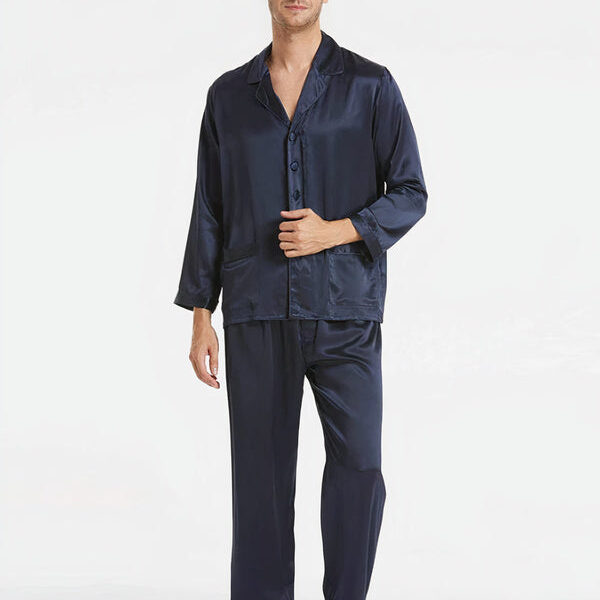 Suite De Pyjama Longue En Soie Classique Pour Homme "Bleu Marine"