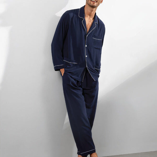 Pyjama En Soie Avec Col À Revers pour Homme "Bleu Marine"