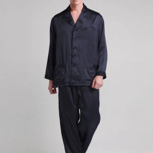Pyjama en Soie pour Homme Longue Bordure Contraste « Bleu Marine »