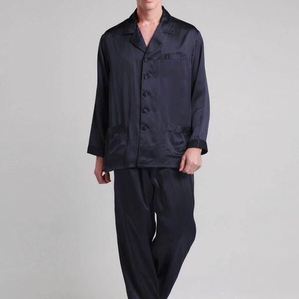 Pyjama en Soie pour Homme Longue Bordure Contraste "Bleu Marine"