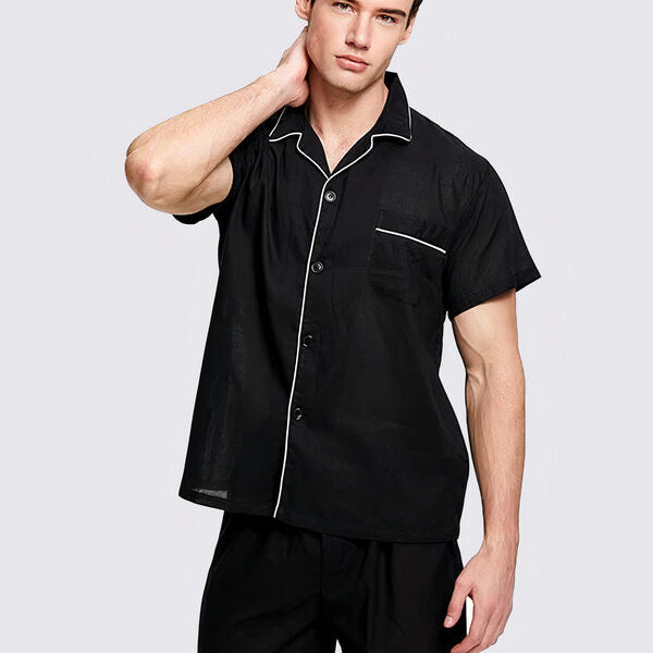Pyjama en Col à Revers Chemise + Short pour Homme "Noir"