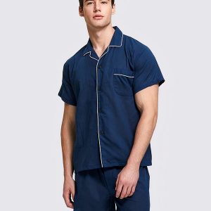 Pyjama en Col à Revers Chemise + Short pour Homme « Bleu Marine »