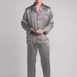 Pyjama en Soie pour Homme Longue Bordure Contraste « Gris »
