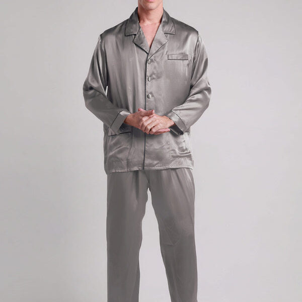 Pyjama en Soie pour Homme Longue Bordure Contraste "Gris"