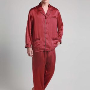 Pyjama en Soie pour Homme Longue Bordure Contraste « Rouge »