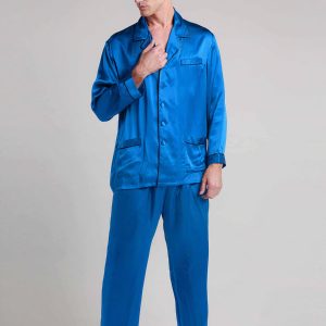 Pyjama en Soie pour Homme Longue Bordure Contraste « Bleu Diamant »