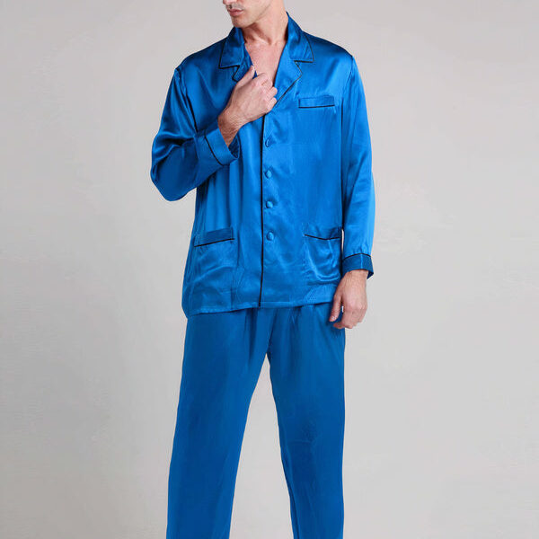Pyjama en Soie pour Homme Longue Bordure Contraste "Bleu Diamant"