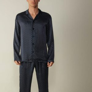 Pyjama en Satin Imprimé Lys pour Homme « Bleu Marine »