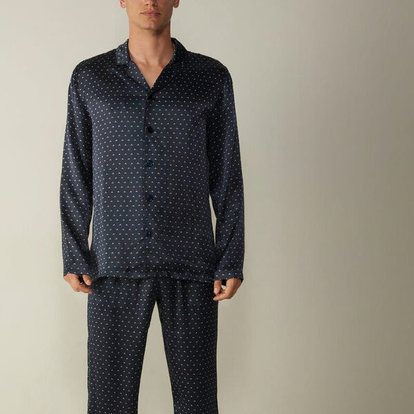 Pyjama en Satin Imprimé Lys pour Homme "Bleu Marine"