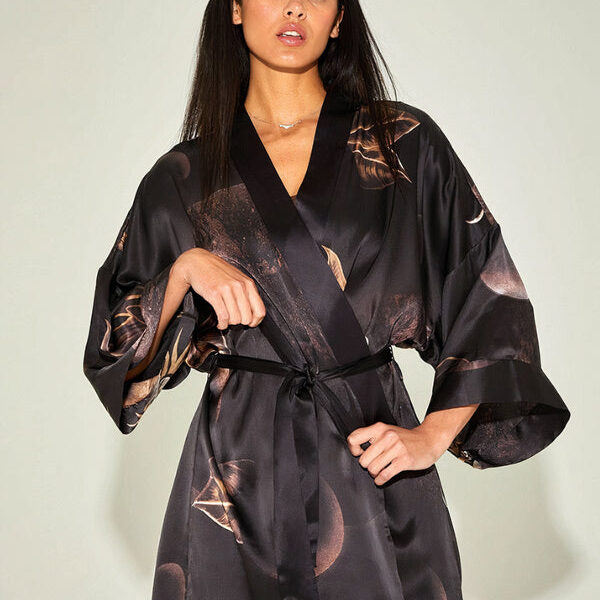 Robe de Chambre en Satin pour Femme "Floral Noir"