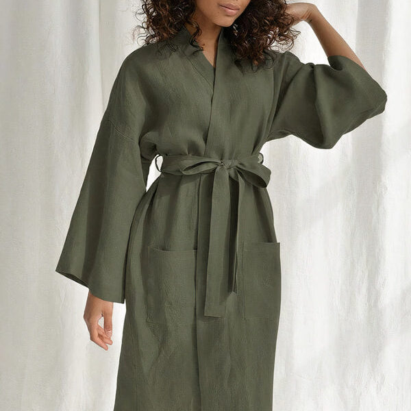 Robe de Chambre Double Poches à Manches Amples en Coton pour Femme "Khaki"