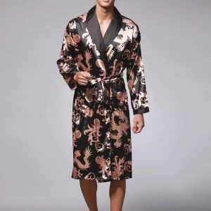 Robe de Chambre en Satin pour Homme Imprimé Dragon « Noir »