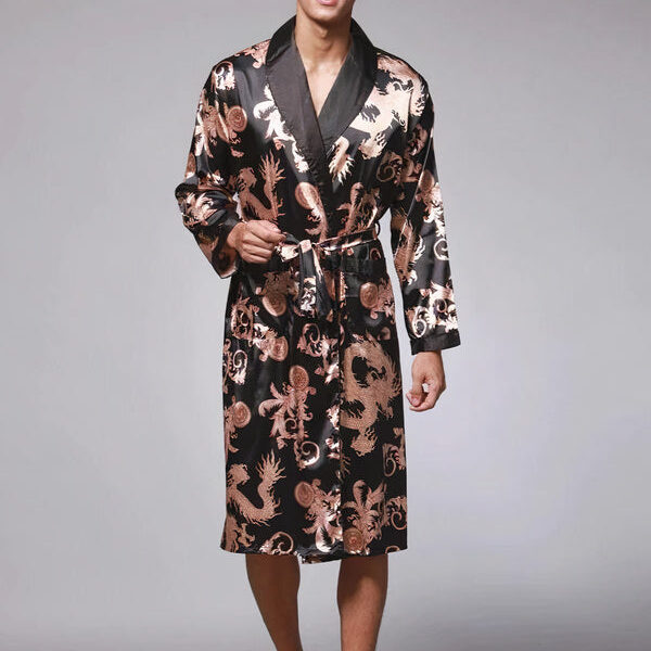 Robe de Chambre en Satin pour Homme Imprimé Dragon "Noir"