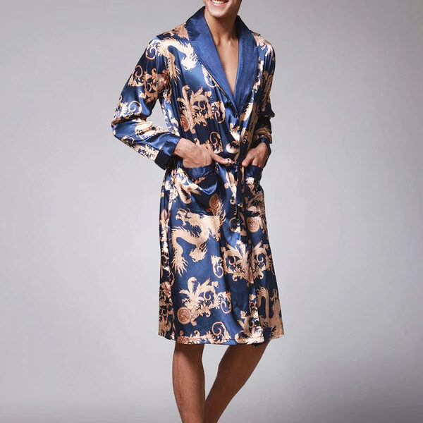 Robe de Chambre en Satin pour Homme Imprimé Dragon "Bleu"