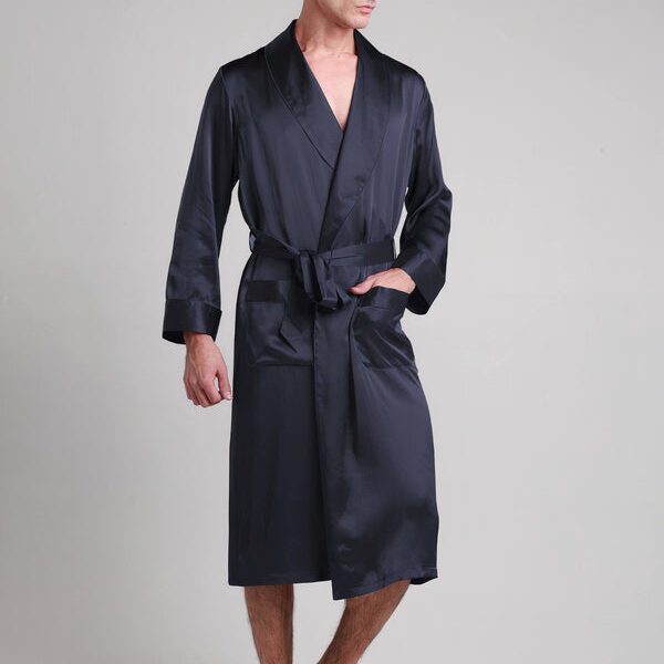 Robe de Chambre en Soie pour Homme Mi-Longue Classique "Bleu Marine"
