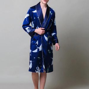 Robe de Chambre en Satin pour Homme Imprimé Cigogne « Bleu Marine »