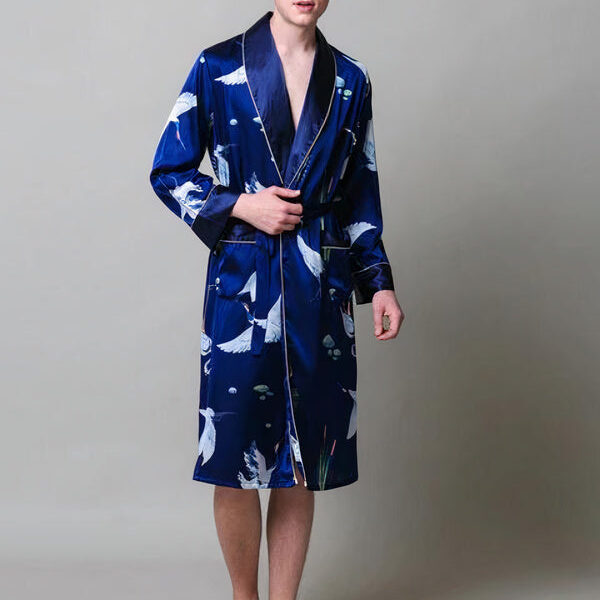 Robe de Chambre en Satin pour Homme Imprimé Cigogne "Bleu Marine"