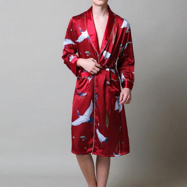 Robe de Chambre en Satin pour Homme Imprimé Cigogne "Rouge"