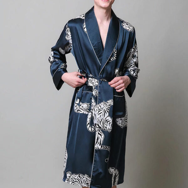 Robe de Chambre en Satin pour Homme Imprimé Tigre "Bleu Marine"