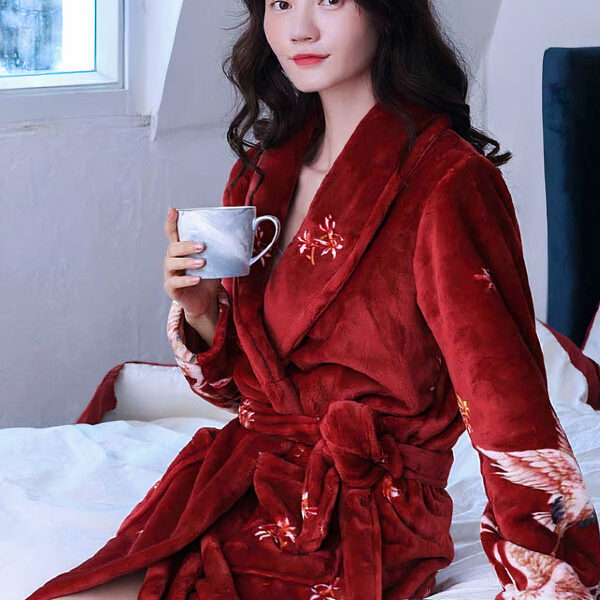 Robe de Chambre Polaire Femme Imprimé Oiseaux "Rouge"