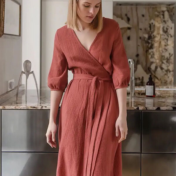 Robe de Chambre Rouge En coton Pour Femme "Flocon de Douceur"