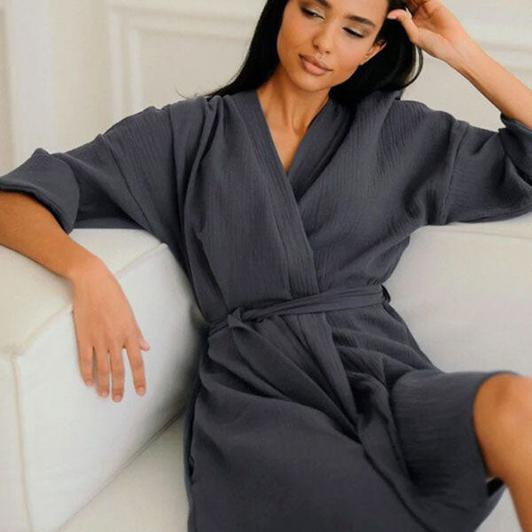 Robe de Chambre Femme mi-Longue en Coton Bleu Pétrole "Nid Douillet"